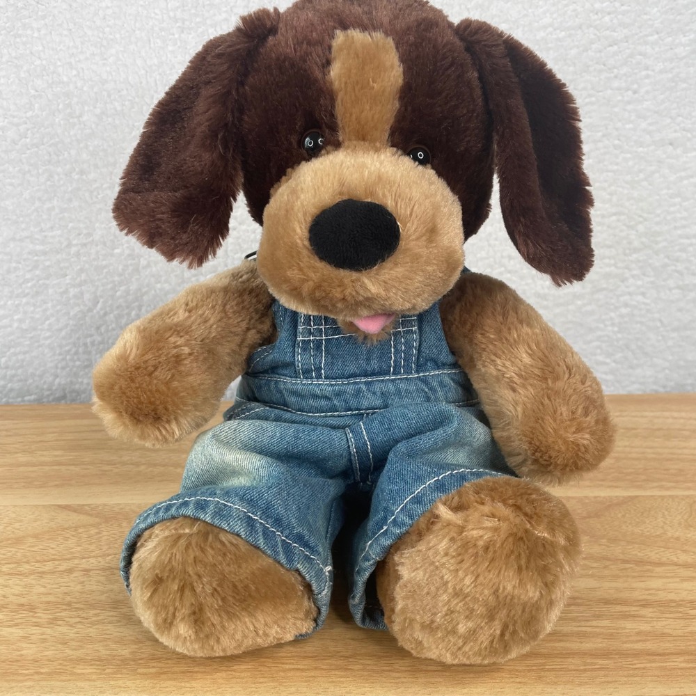 Build A Bear Workshop Brown Puppy Dog Plush in Denim Overalls Brown Tan 12 Inch